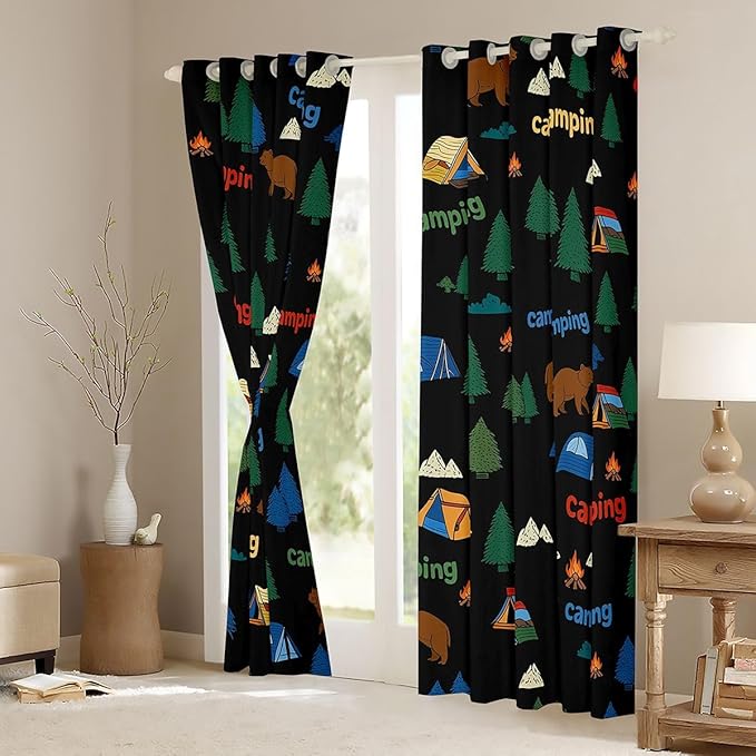 jejeloiu Happy Camping Curtains for Bedroom Living Room Camping Bear 30%-50% Blackout Shades Outdoor Tent Campfire Pattern Room Darkening Curtain Window Treatments, 2 Panels 52 x 84 Inch Decor