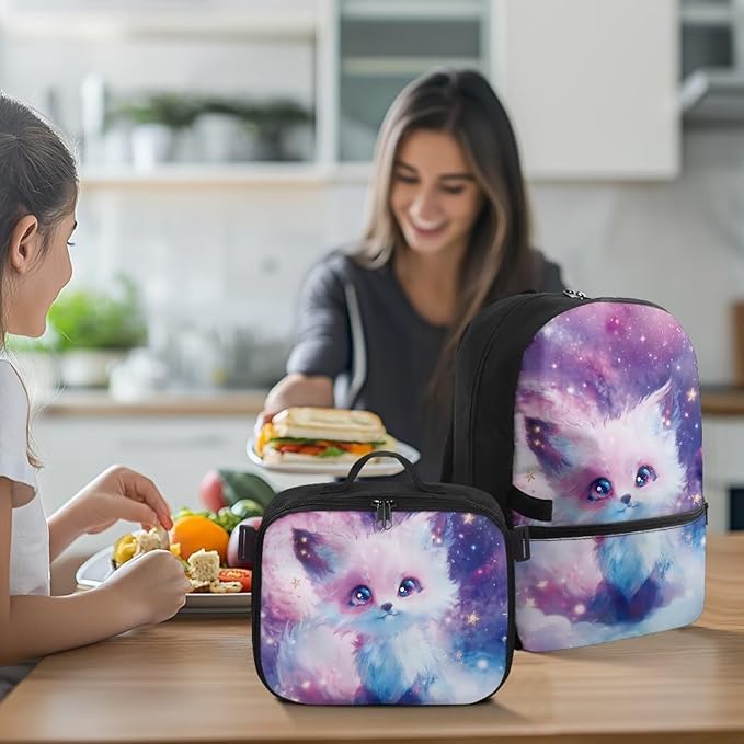 HUGS IDEA Cosmic Fox School Backpack for Girls 2 in 1 Kids Bookbag Set with Lunch Box for Preschool Kindergarten School Lightweight 17 Inch School Bag for Girls 4-6 Kids Travel Daypack