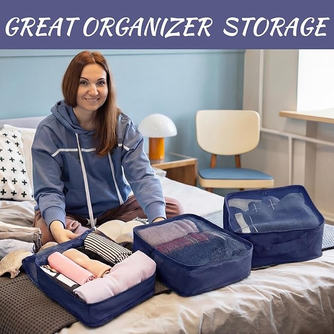 Silkfly 8 Pcs XL Packing Cube for Travel Luggage Organizer Suitcase High Capacity Large Packing Bag Bulk Reusable Mesh Travel Cube for Hiking Camping Accessory, 17.7 x 13 x 4.7 Inch (Navy Blue)