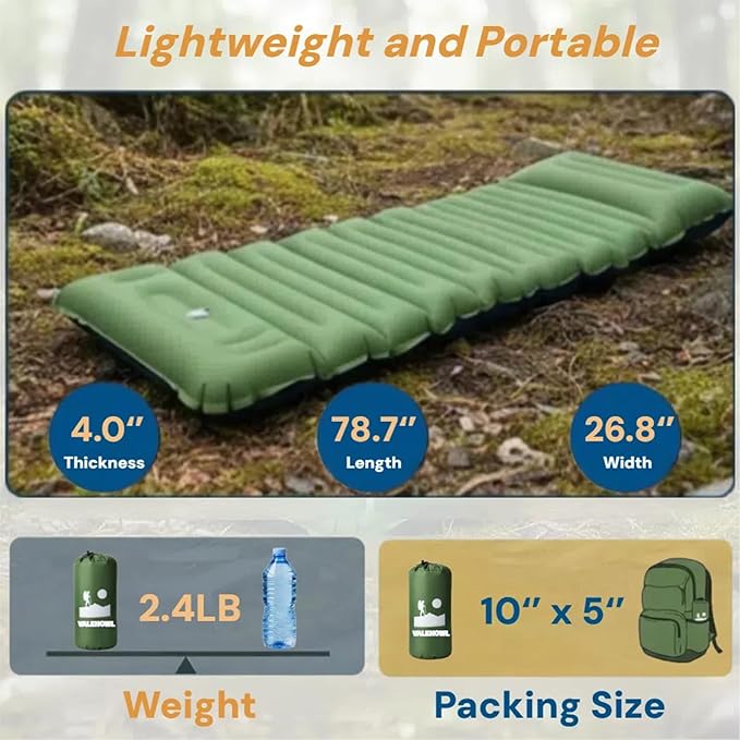 4 Inch Thick Camping Sleeping Pad with Internal Straps - R Value 4.0 for 4 Seasons, Durable & 100% Waterproof Outdoor Air Mattress, Lightweight Sleeping Mat for Hiking, Backpacking, Travel