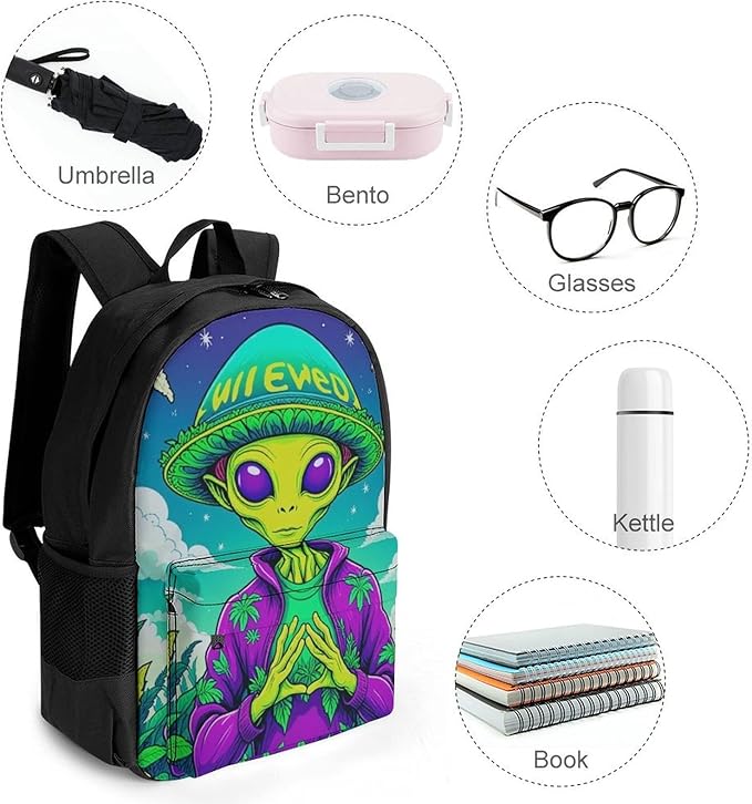 Adults Lightweight Alien Smoking Marijuanaweed Art Rucksacks Large Capacity Bookbag With Adjustable Shoulder Straps for Trekking Outdoors Bicycle
