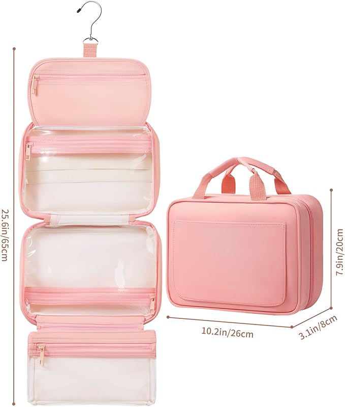 Toiletry Bag for Women & Men, Portable Hanging Makeup Bag/Cosmetic Bag with Compartments, Compact Travel Toiletry Bag Organizers (Pink)