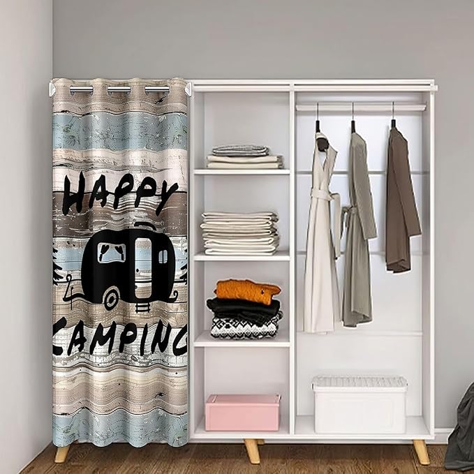 Camper Adventure Kids Door Curtain,RV Trailer Pine Tree Natural Blackout Curtain,Wooden Plank Cottage Farmhouse Bedroom Doorway Living Room Decor,Rustic Blue Privacy Door Drape 1 Panel,34" W X 80" L