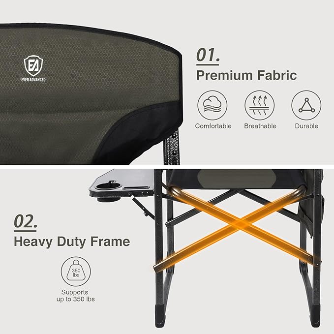 EVER ADVANCED Lightweight Folding Directors Chairs Outdoor, Aluminum Camping Chair with Side Table and Storage Pouch, Heavy Duty Supports 350LBS