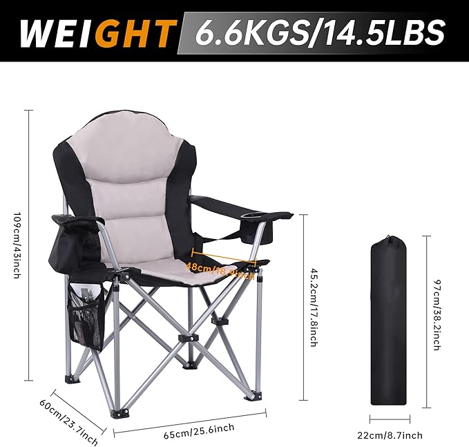 Camping Chair, Folding Chair, Outdoor Heated Chairs, Heated Camping Chairs, Adjustable Chair Back with 12V 10000mAh Battery, Carry Bag, Cooler Bag, Cup Holder and Zippered Holder (Set of 2)