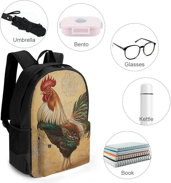 Supdreamc Men Women Polyester Retro Rooster Daypack Big Capacity Shoulder Bag With Smooth Zippers for Hiking Work Walking Cycling
