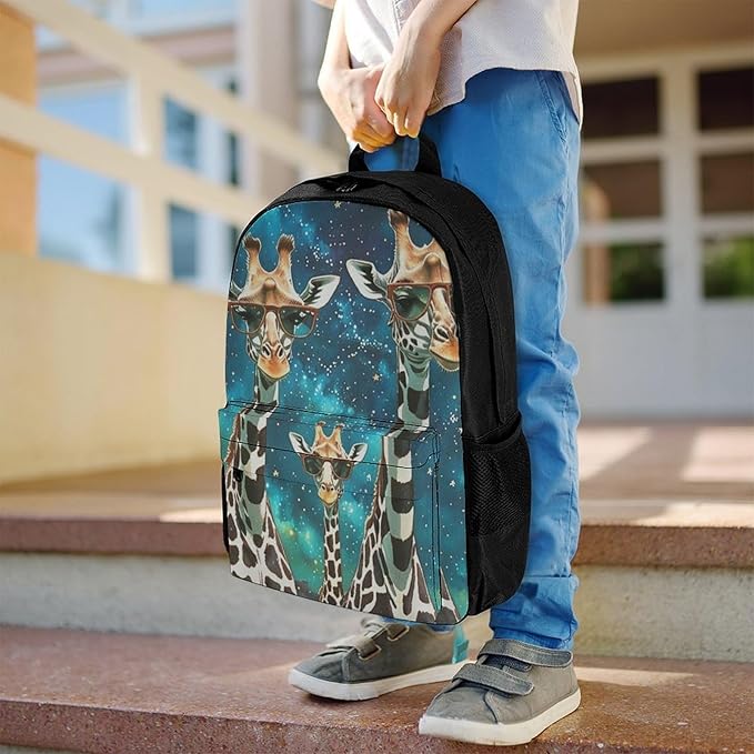 Supdreamc Men Women Polyester Giraffes With Sunglass Space Art Daypack Big Capacity Shoulder Bag With Adjustable Shoulder Straps for Camping Travel Walking Cycling