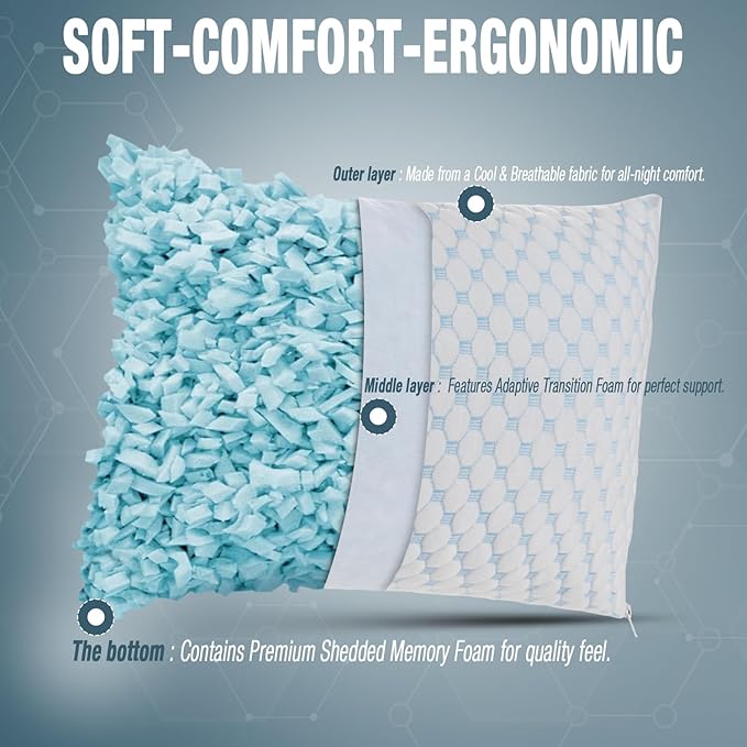 alkamto Cooling Shredded Memory Foam Pillow – Adjustable Gel for Personalized Support – Double-Sided Ice Silk & Soft Rayon – Lightweight, Compressible (White) (Standard)