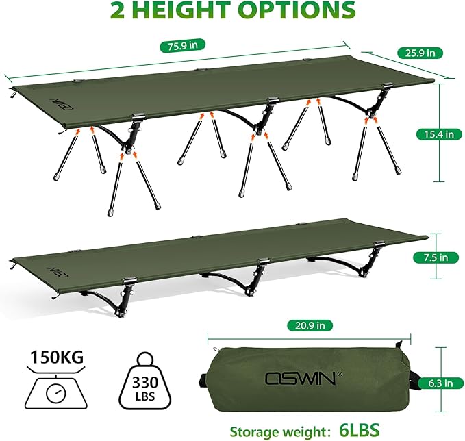 OSWIN Adult Backcountry Camping cot with Leg Extension, rollaway Camping cot, Ultralight Folding Backpack Bed, Support 330-pound, Portable Camping Bed Outdoor Hiking RV Beach（Green）