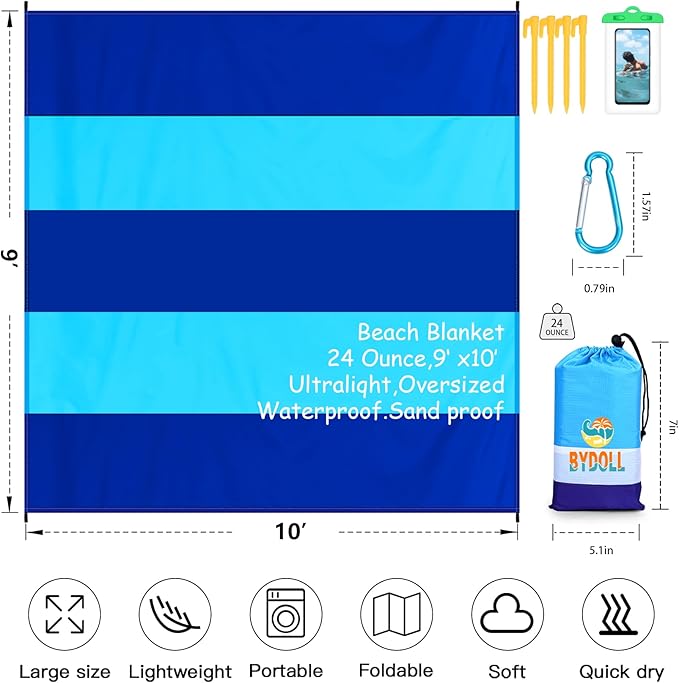 BYDOLL Beach Blanket Waterproof Sandproof Large 78''×81''/10'×9' Sand Free Oversized Sandless Picnic Mat Water Proof Packable Lightweight Blanket for Beach Camping Hiking Travel
