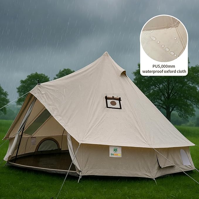 Bell Yurt Tent, Waterproof Luxury 4 Season Hot Tent with Stove Jack/Air Conditioner Vents/2 Skylight for Family Outdoor Camping Oxford Glamping Tents for All Year Living
