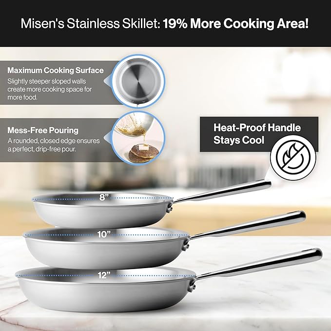 Misen 5-Ply Stainless Steel 12" Frying Pan - Professional Cookware for Induction, Gas and Electric - Dishwasher Safe, Oven Safe to 800°F - Durable, Versatile, Even Heating