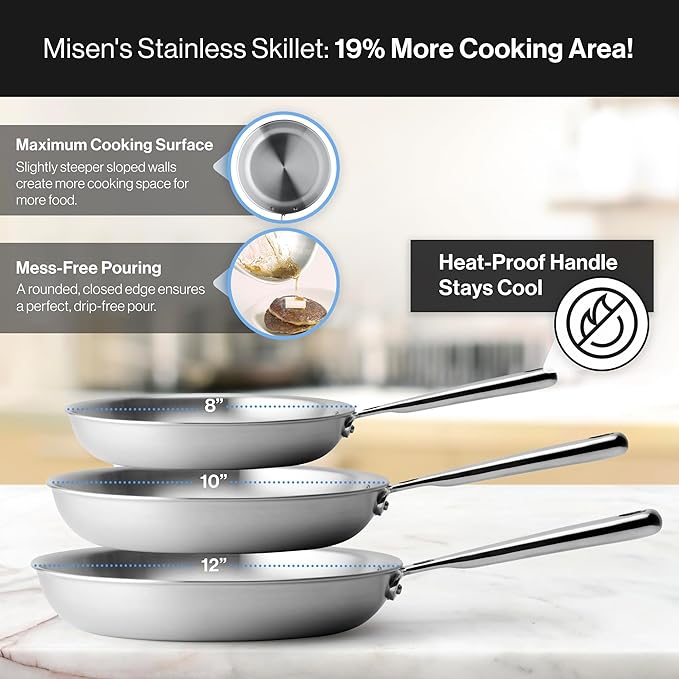 Misen 5-Ply Stainless Steel 10" & 12" Frying Pan Set - Professional Cookware for Induction, Gas and Electric - Dishwasher Safe, Oven Safe to 800°F - Durable, Versatile, Even Heating