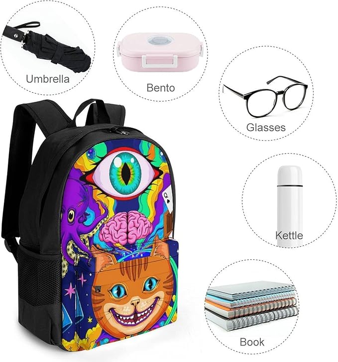 Supdreamc Rucksack Polyester Anti-Theft Multipurpose Acid Trip Colors Trippy Cat Eye Octopus Art Bookbag Big Capacity Travel and Sport Backpack Rucksack With Side Pockets