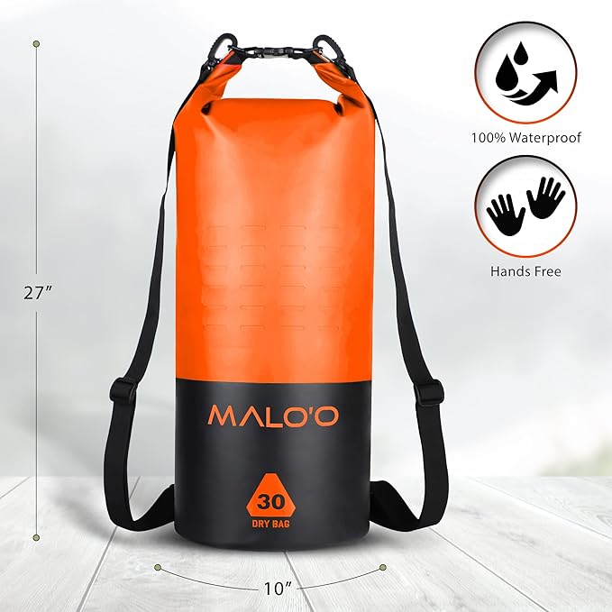 Malo’o DryPack 30L Waterproof Kayak Dry Bag, Heavy Duty Roll-Top Dry Bag with MOLLE Grid and Carry Straps for Fishing, Paddle Boarding, Boating, Camping, and Travel, Orange