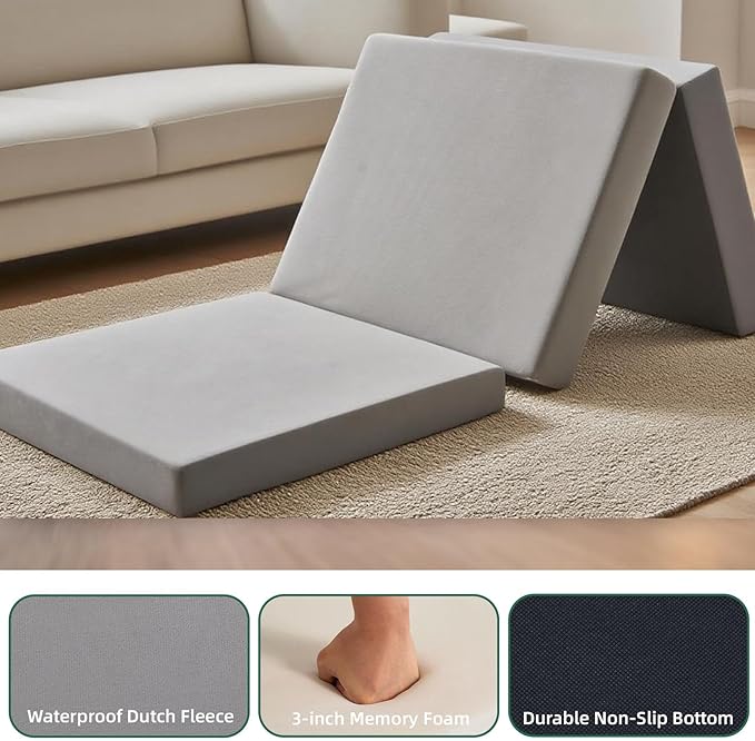 Folding Mattress, Trifold Memory Foam Mattress with Collapsible and Washable Cover, Camping, Fold Up Guest Bed, Travel and Guest Mat