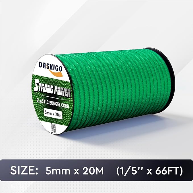 Elastic Bungee Shock Cord 3-8mm (Green, 1/5'' x 66FT)