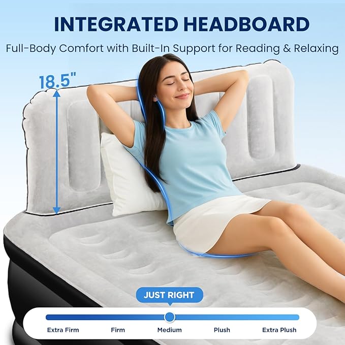 Queen Air Mattress with Headboard, Built-in Pump, 19" Raised Upgraded Comfort, 800 lbs Heavy-Duty Support, 48-Hour Leak-Tested, 3.5 Min Inflatable Portable Blow Up Mattress for Home, Guest & Camping