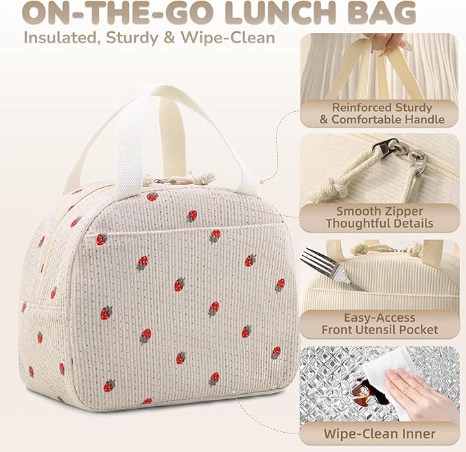 Lunch Bag for Women Men Cute Corduroy Lunch Tote Bags Reusable Insulated Lunch Box Large Capacity Reusable Insulated Cooler for Work/Picnic/Travel