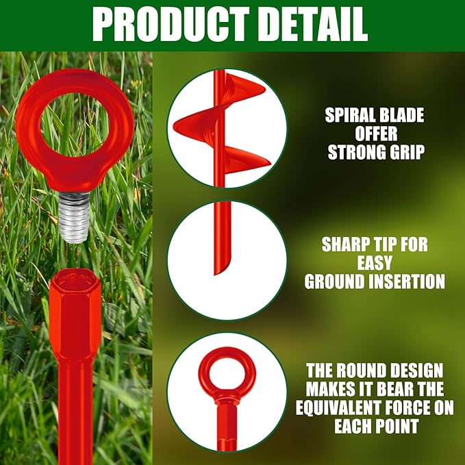 Chumia 6 Pcs 18 Inch Ground Anchor Spiral Blade Heavy Duty Earth Anchors Swing Set Metal Shed Kit for Garden Securing Trees Tents Trampoline Canopies Shelters (Red)
