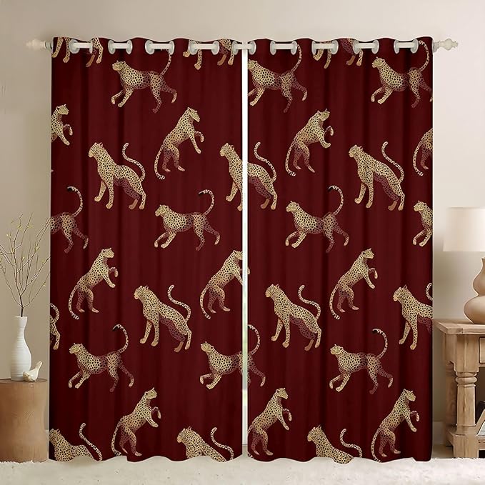Leopard Window Curtain | Wild Animal Cheetah Blackout Curtain for Kids Bedroom Decor,Africa Animals Curtains Vintage Red Living Room Top 2 Panels,38Wx45L