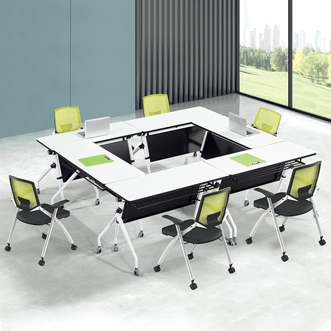 55.1 INCH Flip-Top Folding Meeting Table – Compact Mobile Seminar Desk with Lockable Casters, Durable Steel Frame for Office & Classroom Use
