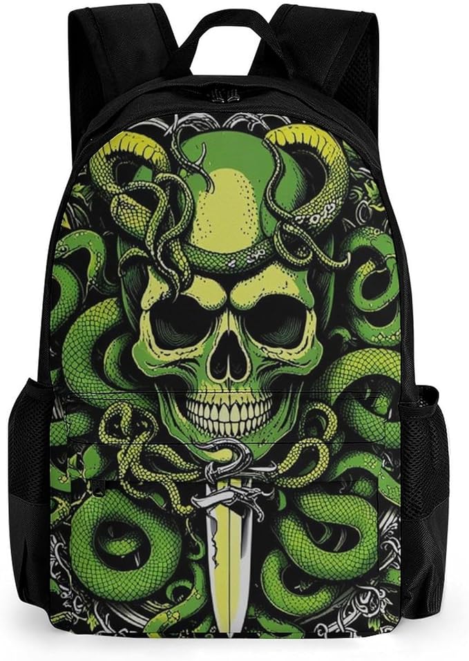 Supdreamc Men Women Lightweight Medusa Skull Green Snake Art Daypack Bookbag Big Capacity Carry On Bag With Side Pockets for Camping Travel Bicycle