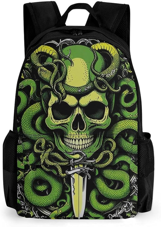 Supdreamc Men Women Lightweight Medusa Skull Green Snake Art Daypack Bookbag Big Capacity Carry On Bag With Side Pockets for Camping Travel Bicycle