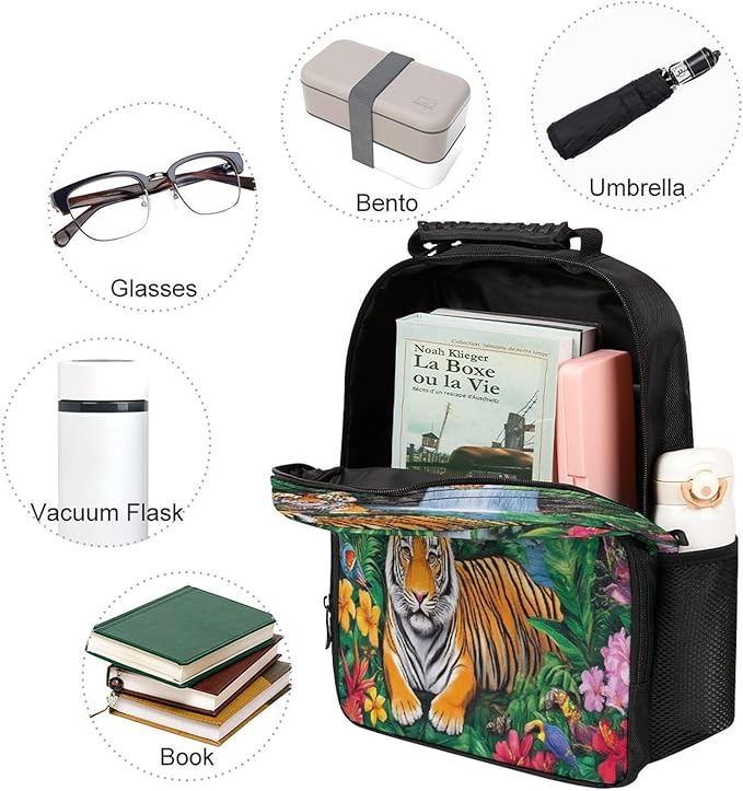 Women Men Polyester Tropical Jungle Parrot Birds Tiger Art Casual Daypack Large Capacity Bookbag With Side Pockets for Sports Picnic Walking Cycling