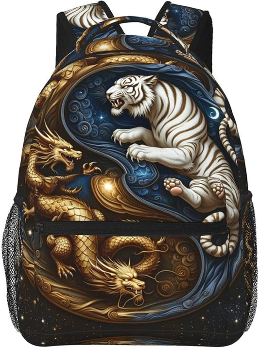 Men Women Polyester Yin Yang Gold Dragon White Tiger Art Backpack Large Capacity Bookbag With Smooth Zippers for Climbing Picnic Bicycle