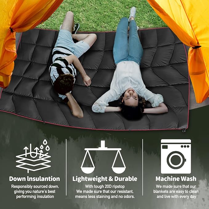 Outdoor Puffy Camping Blanket, Lightweight Down Alternative Puffy Printed Camping Large Ultra Warm Hammock Top Quilt Waterproof Blanket for Traveling Picnic Beach Party Cold Weather (Black)