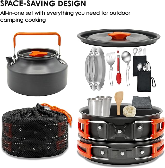 Camping Cookware Mess Kit, Non-Stick Lightweight Camping Pots and Pans with Kettle, Stainless Steel Cups Plates Forks Knives Spoons for Backpacking, Hiking, Outdoor Cooking