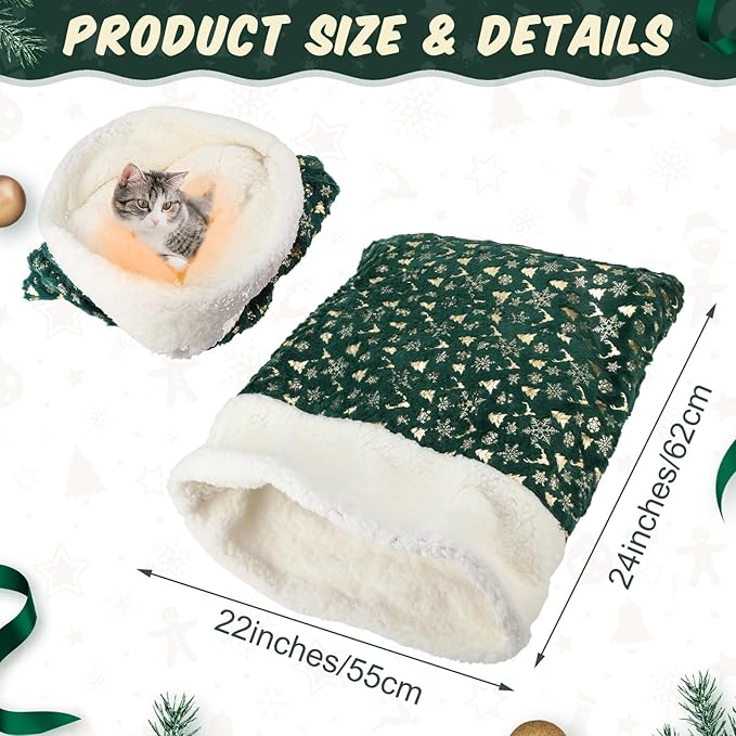 Self Heating Cat Sleeping Bag Self Warming Cat Bed Cave Forest Green Heated Pad Cozy Soft Winter Washable Wrap Pet Sleeping Pouch Snuggle Sack for Puppy Dog Kitten, 24 x 21 Inch