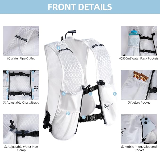 Hydration Backpack for Women Men, Lightweight Running Vest with 1.5L Water Bladder, Breathable Water Backpack for Hiking Running Cycling Climbing-White/Black