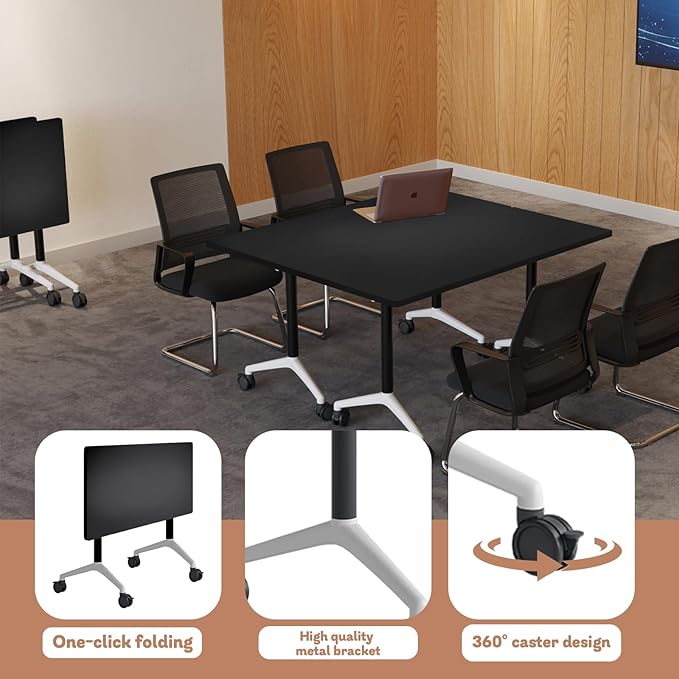 2Packs 47.2 Inch Folding Conference Table Space-Saving 3.94 Ft Training Classroom Table,Heavy-Duty Meeting Desk for Office Events,Easy Storage Design, Black Rectangular Table with Durable Legs