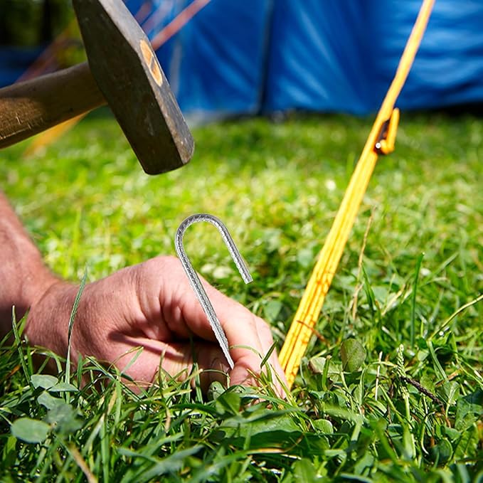 MIVIDE 30 Pack 12inch Galvanized Rebar Stakes J Hook, Heavy Duty J Hook Ground Anchors, Curved Steel Support Garden Stake with Chisel Point end for Fence Stakes, Canopies, Sheds, Swing Sets