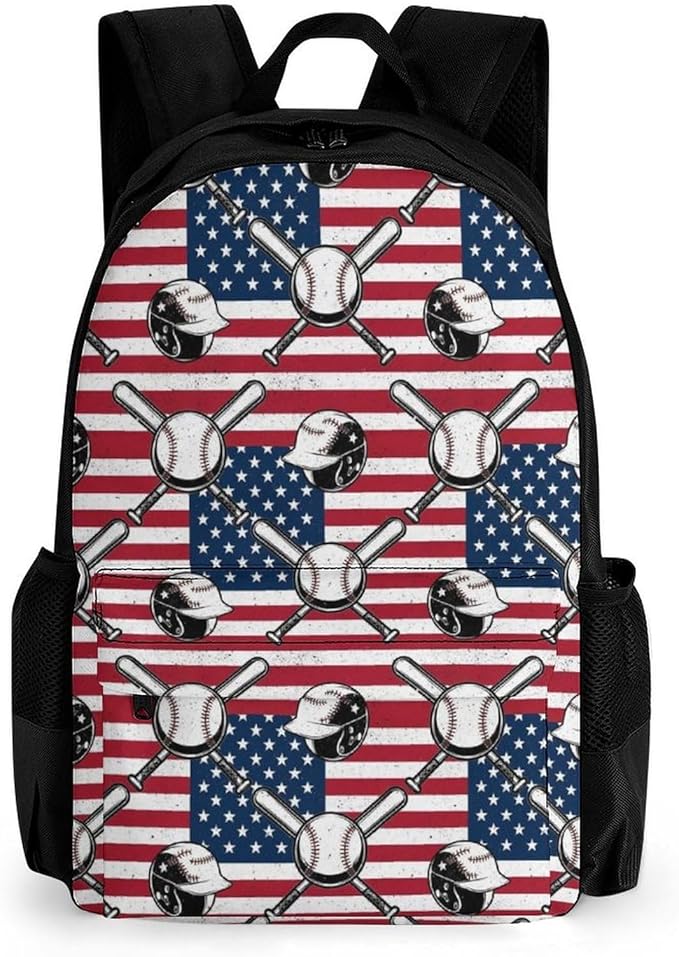 Daypack Backpack Anti-Theft Multipurpose Large Capacity Carry On Bag, Vintage Baseball American Flag Traveling Camping Backpack With Side Pockets