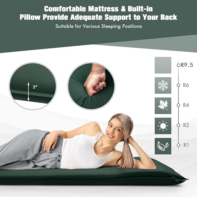 Tangkula Self Inflating Sleeping Pad, 3 Inch Inflatable Camping Mattress Pad with 9.5R Value, Insulated Foam Camping Mat with Pillow, Lightweight Camp Sleep Pad for Backpacking, Car, Tent