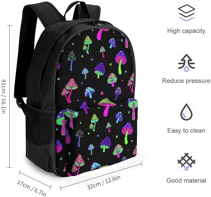 Men Women Lightweight Rainbow Colorful Neon Mushrooms Casual Daypack Big Capacity Bookbag With Padded Straps for Gym Travel Walking Cycling