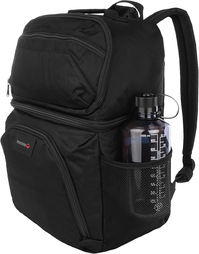 Wolverine 36 Can Cooler Backpack with Durable Nailhead Nylon, Dual Compartment Cooler & Dry Storage, Padded Mesh Back Panel, & Exterior Water Bottle Pockets