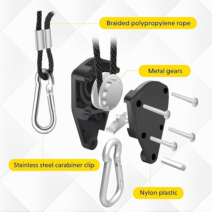 iPower 2-Pair 1/8 Inch Adjustable Rope Hanger, Heavy Duty Grow Light Hangers with Reinforced Metal Gears, 8Ft Long & 150lbs Weight Capacity for Growing Lamp, Inline Fan, Filters