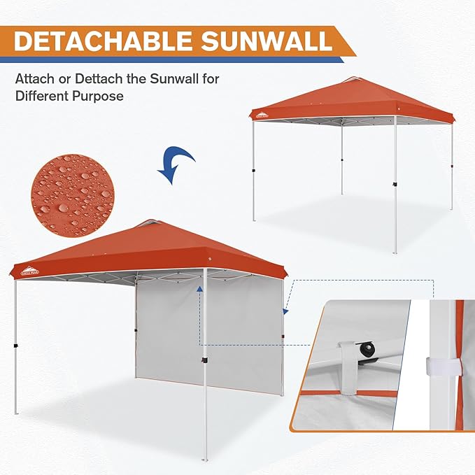 EAGLE PEAK Pop Up Canopy Tent with 1 Sidewall, Easy Setup Event Tent, Outdoor Sun Shade, Wheeled Carry Bag, Stakes and Guy Ropes, Instant Canopy 10x10, Brick Red