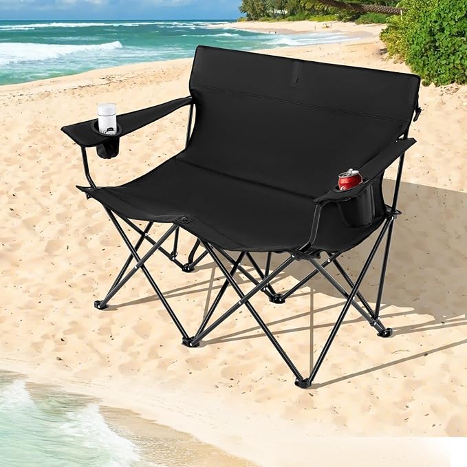 Goplus Double Camping Chair, Oversized Heavy Duty Camping Loveseat for Adults, Portable Folding 2 Person Camping Chair with Cup Holder for Outdoor Lawn Beach Backyard