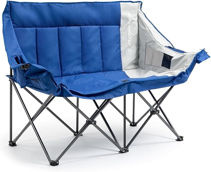 Dowinx Double Camping Chair Loveseat with Cup Holders & Wine Glass Holders, Oversized Folding Outdoor Lawn Chair 660lbs, Portable Padded Seat with Storage Bag for Adults, Beach, Patio, Picnic - Blue