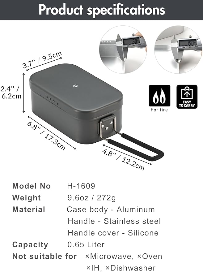 CAMPINGMOON Mess Tin 0.65L Aluminium Camping Cookware Extreme Thick Gray H-1609