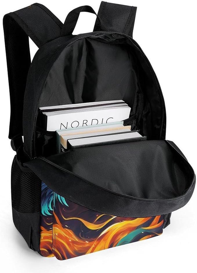 Supdreamc Polyester Daypack Bookbag for Gym Business Bicycle, Large Capacity Multipurpose Anti-Theft Carry On Bag, Ice And Fire Flaming Cool Wolf Art Travel Hiking Daypack