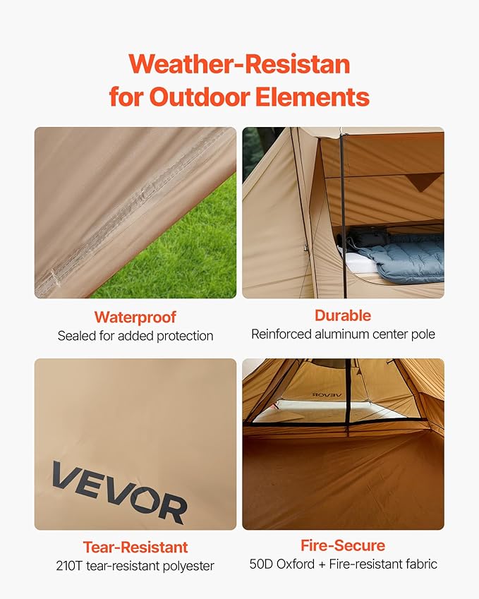 VEVOR Hot Tent, Camping Tipi Hot Tents with Stove Jack, Portable Winter Camping Tents with Snow Skirt, Easy Setup, Waterproof 4 Season Shelter Tents for Fishing Backpacking