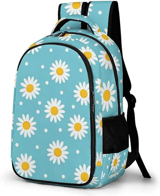 Travel Backpack Purse for Women, Light Blue Floral Daisy Flower Dots Cute Laptop Backpack with Tumbler Holder for Nurse Teacher College Work Casual Daypack