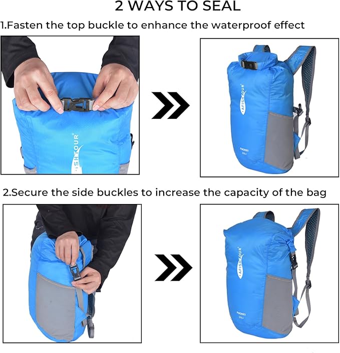 Ultralight Water Resistant Backpack for Men & Women, 15L Packable Hiking Daypack, Roll Top Closure Small Dry Bag Backpack for Cycling,Camping,Skiing, Boating (Blue)