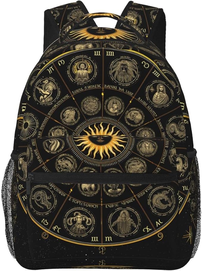 Women Men Polyester Zodiac Symbol Art Casual Daypack Large Capacity Bookbag With Side Pockets for Sports Picnic Walking Cycling